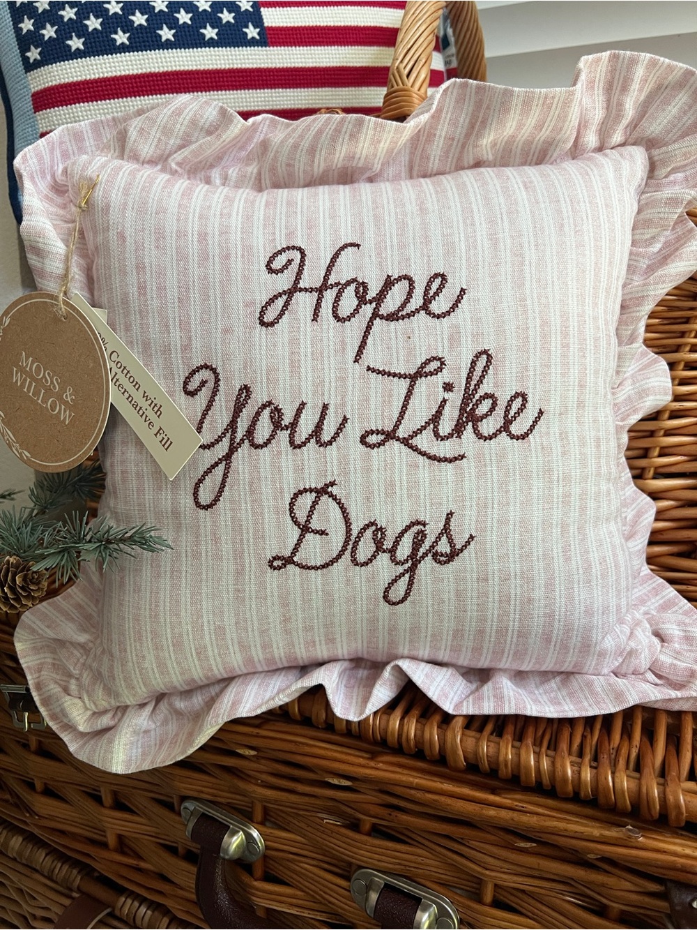 Last chance 🎀HOPE YOU LIKE DOGS Pink Striped Accent Pillow with Embroidery